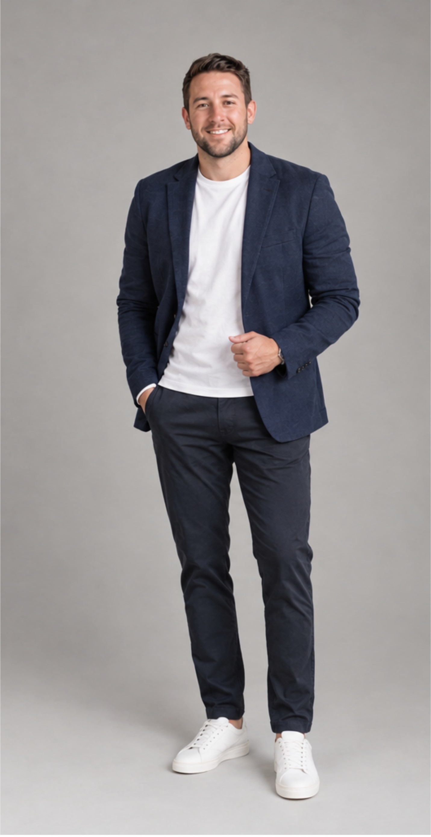 Gastón de pie con blazer azul, remera blanca y zapatillas blancas sobre fondo gris